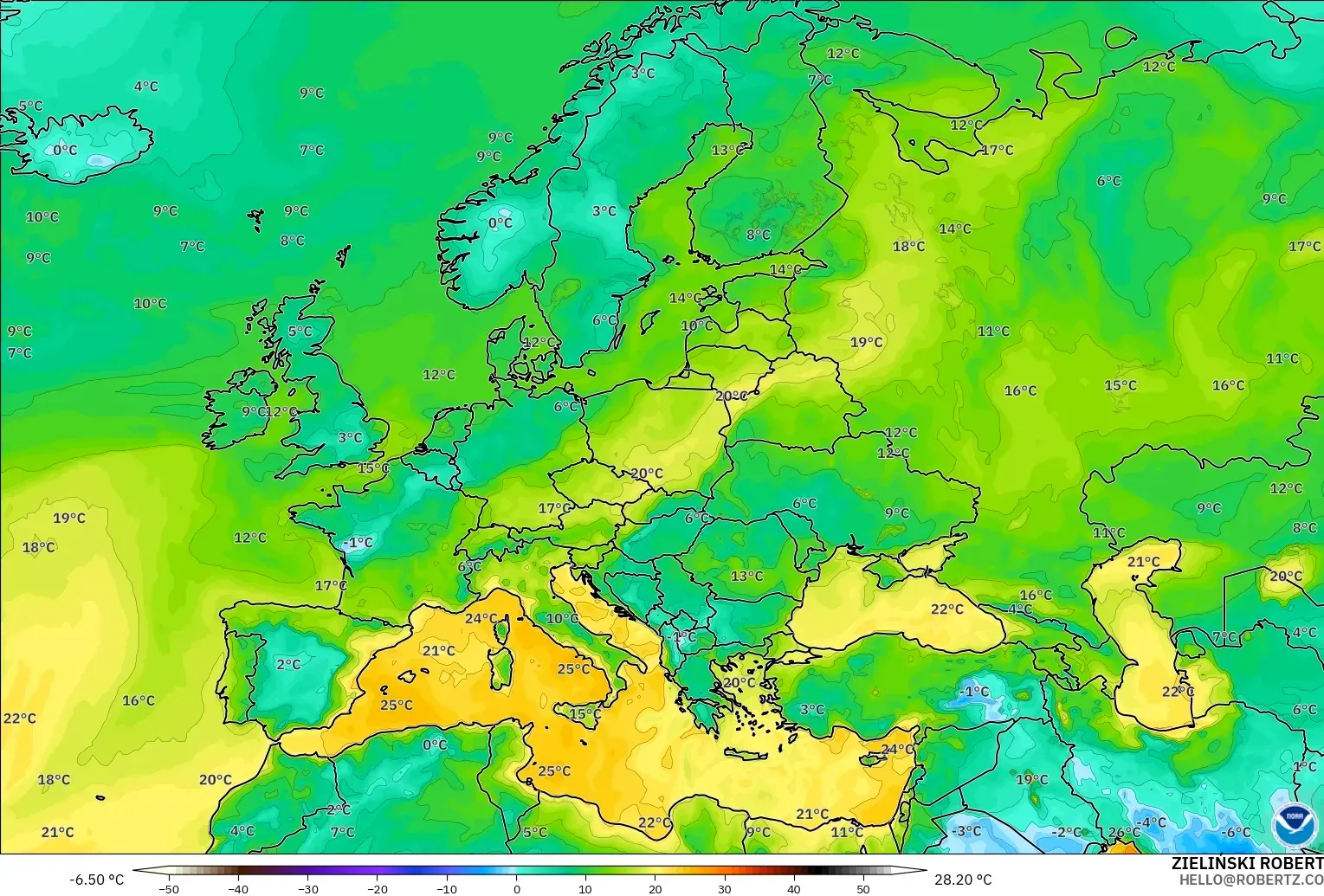 GFS modelo - Europa, Punto de rocío a 2 m