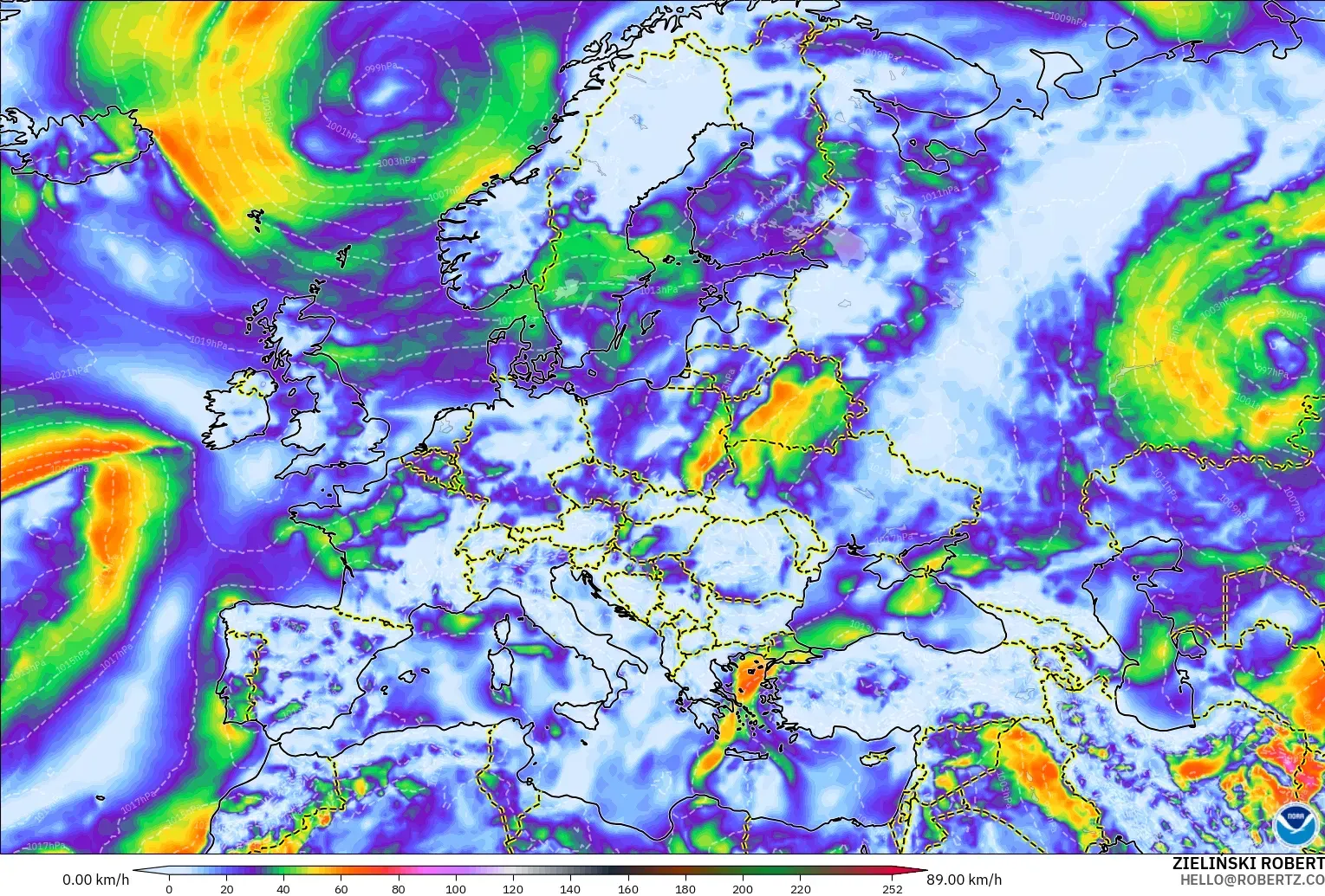 GFS modelo - Europa, Ráfagas de viento