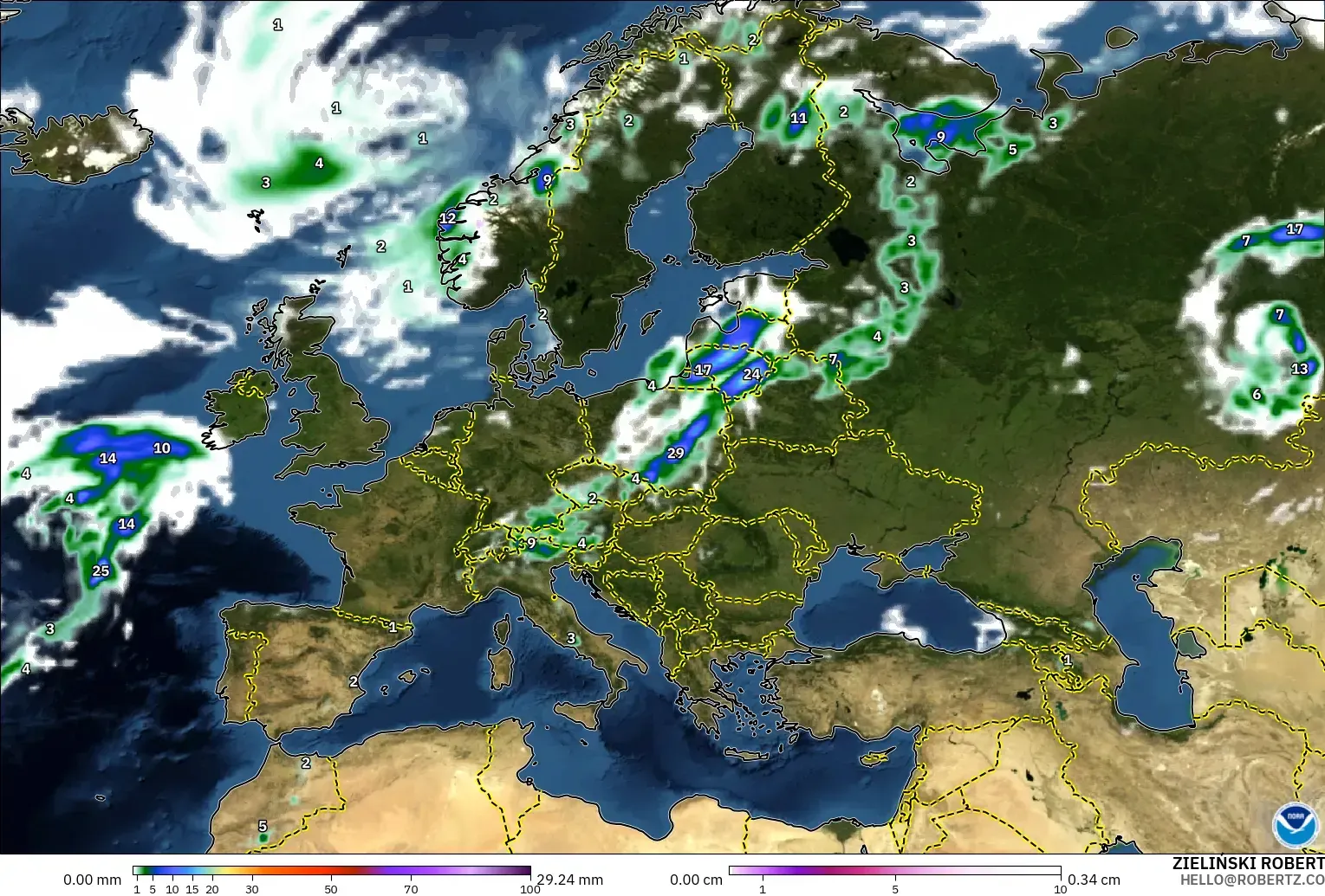 GFS modelo - Europa, Precipitación, nubes y presión