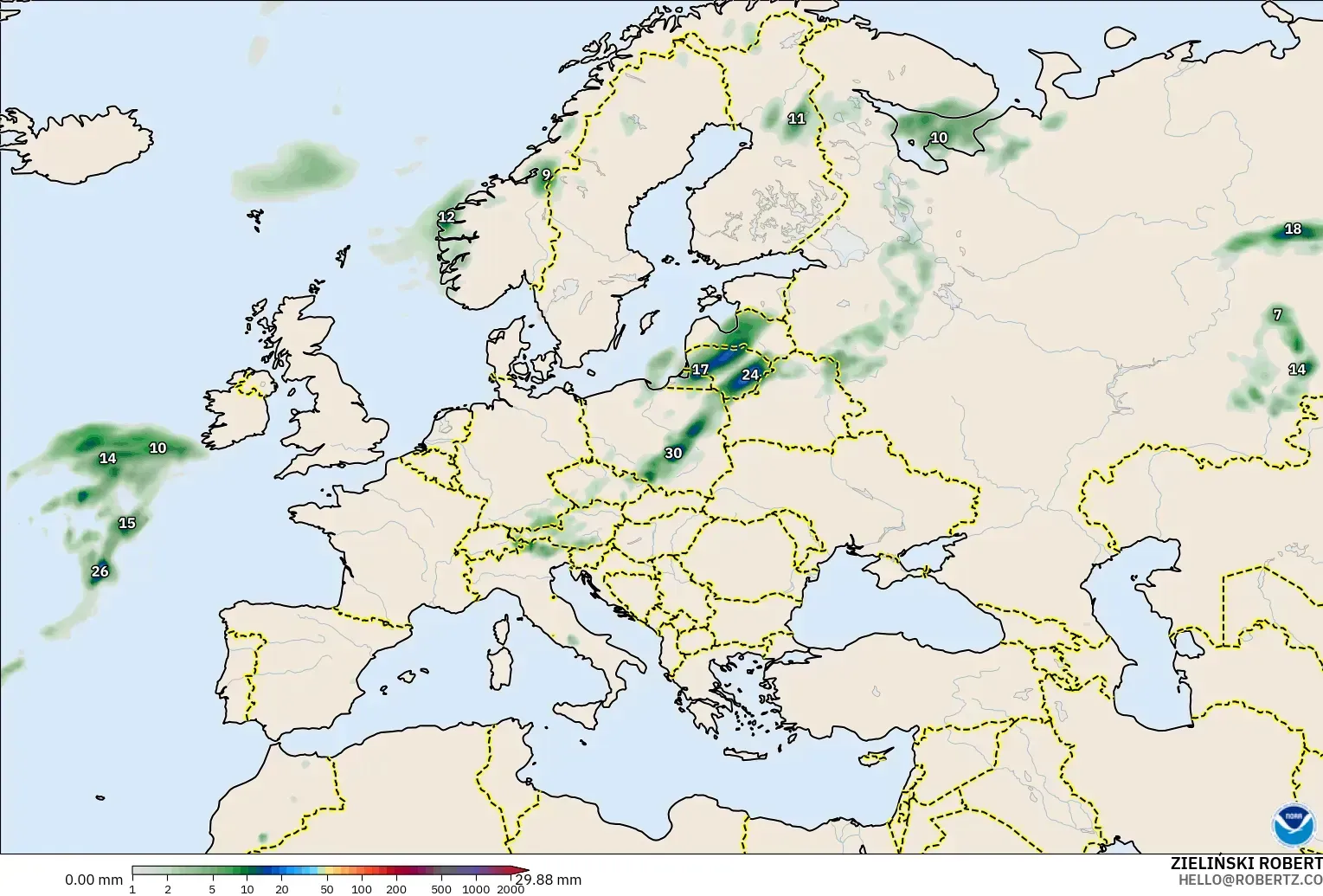 GFS modelo - Europa, Acumulación de precipitación