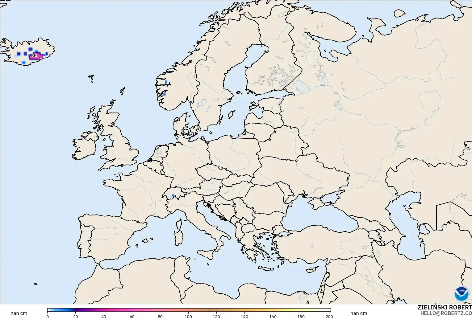 GFS modelo - Europa, Profundidad de nieve