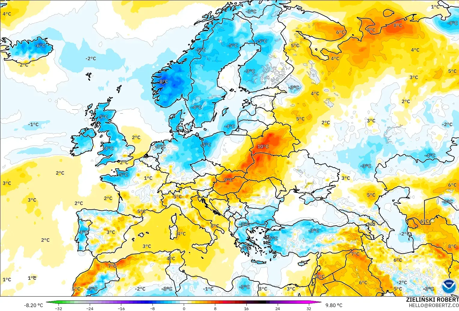 GFS modelo - Europa, Anomalía de temperatura a 2 m