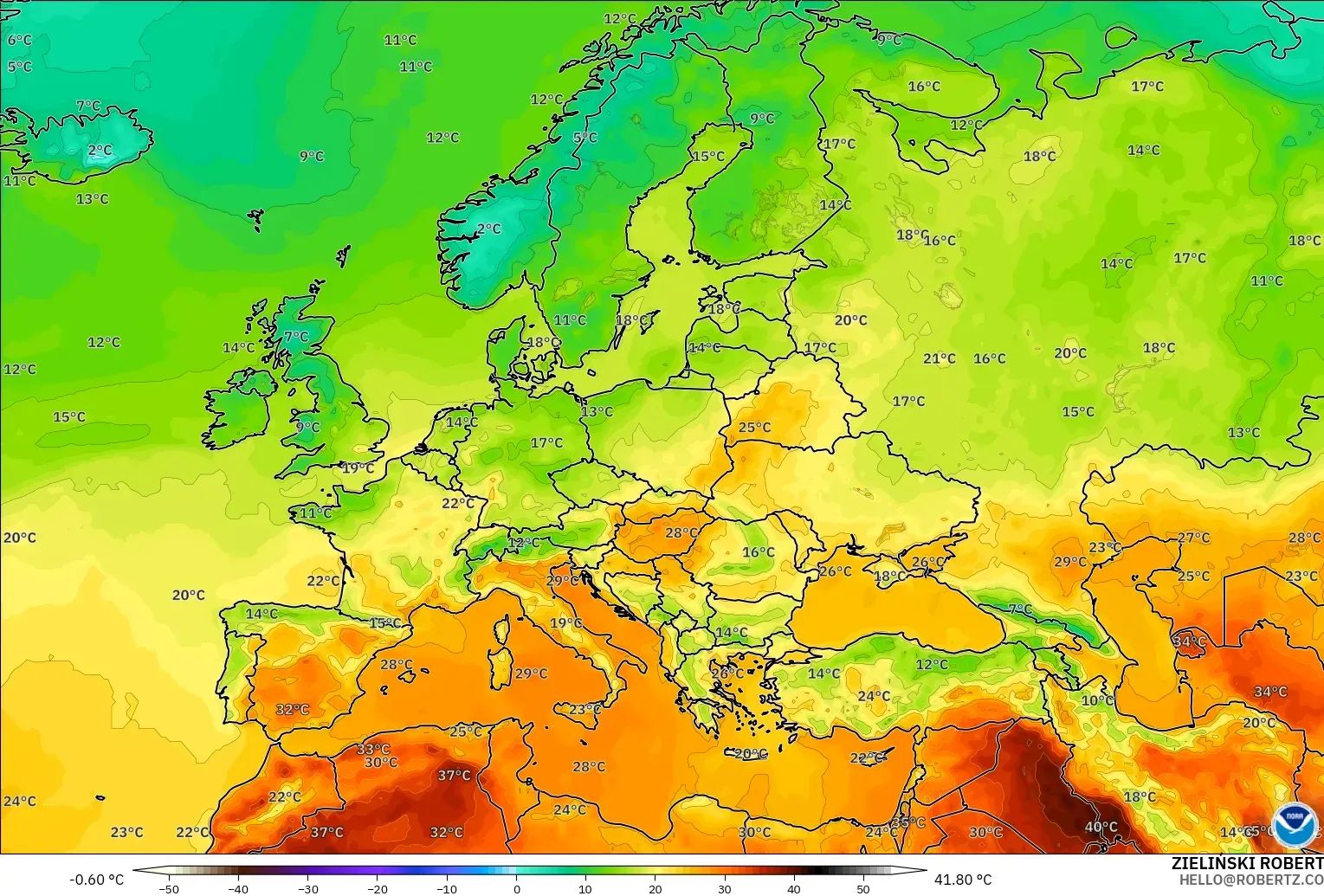 GFS modelo - Europa, Temperatura a 2 m
