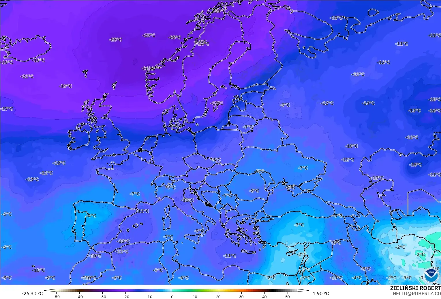 GFS modelo - Europa, Temperatura a 500 hPa