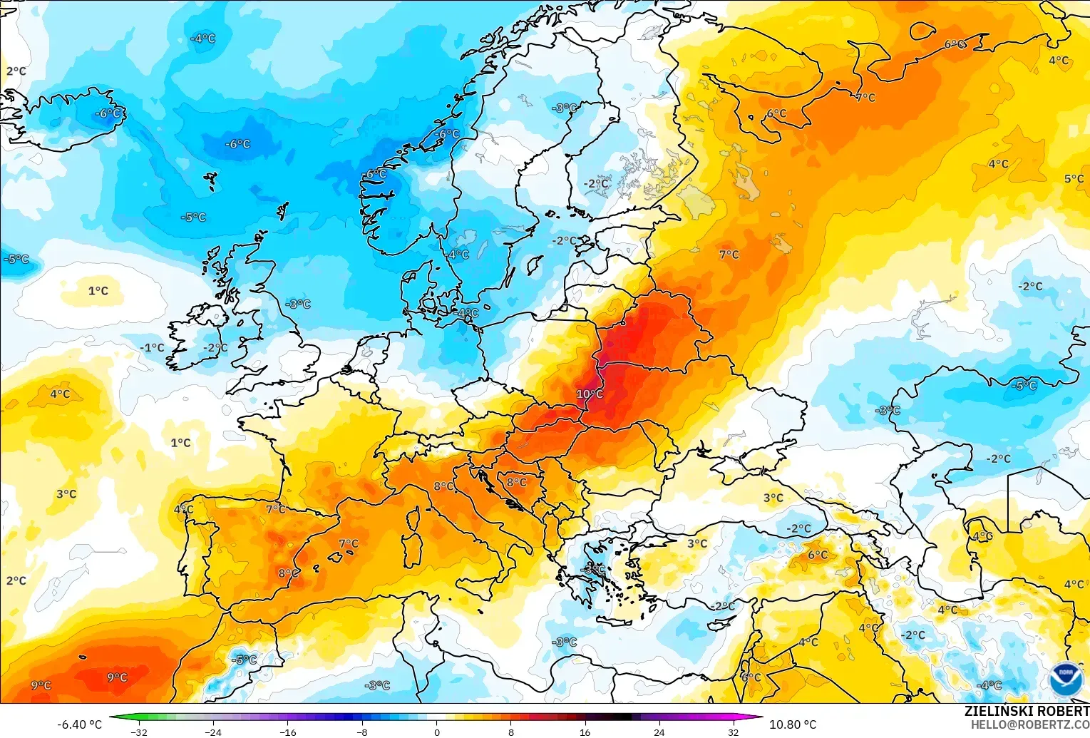 GFS modelo - Europa, Anomalía de temperatura a 850 hPa