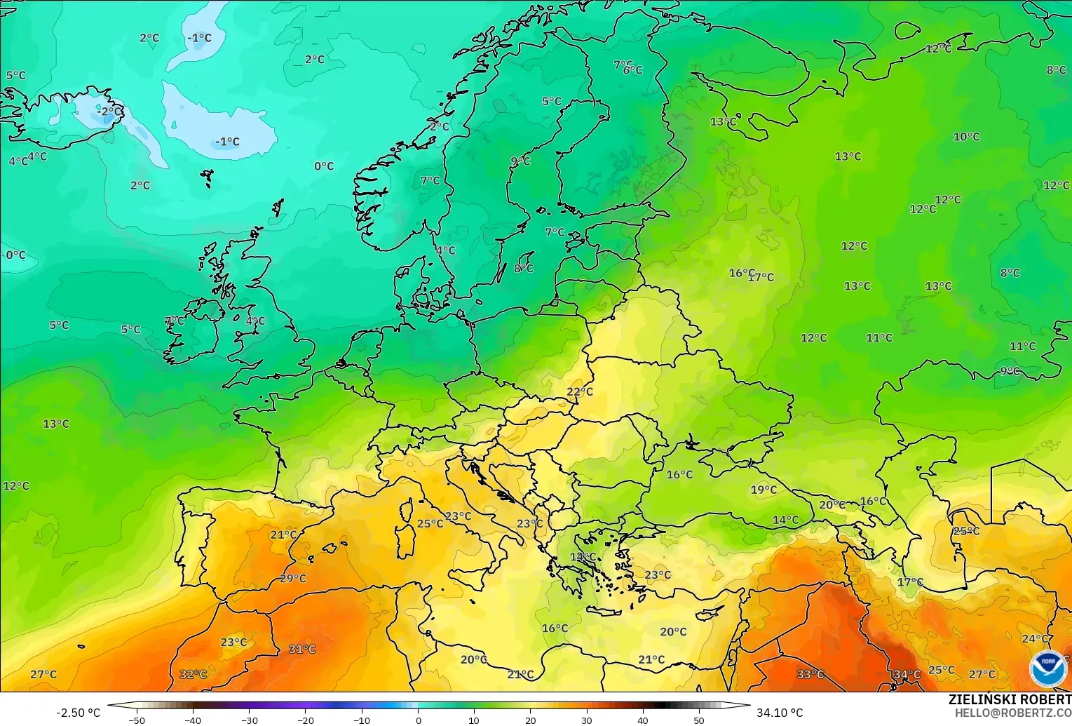 GFS modelo - Europa, Temperatura a 850 hPa