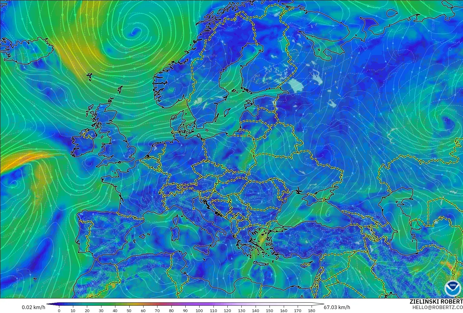 GFS modelo - Europa, Viento a 10 m