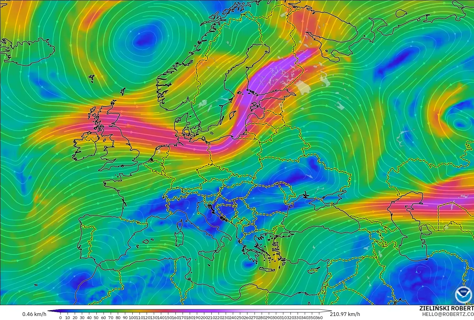 GFS modelo - Europa, Viento a 300 hPa (corriente en chorro)