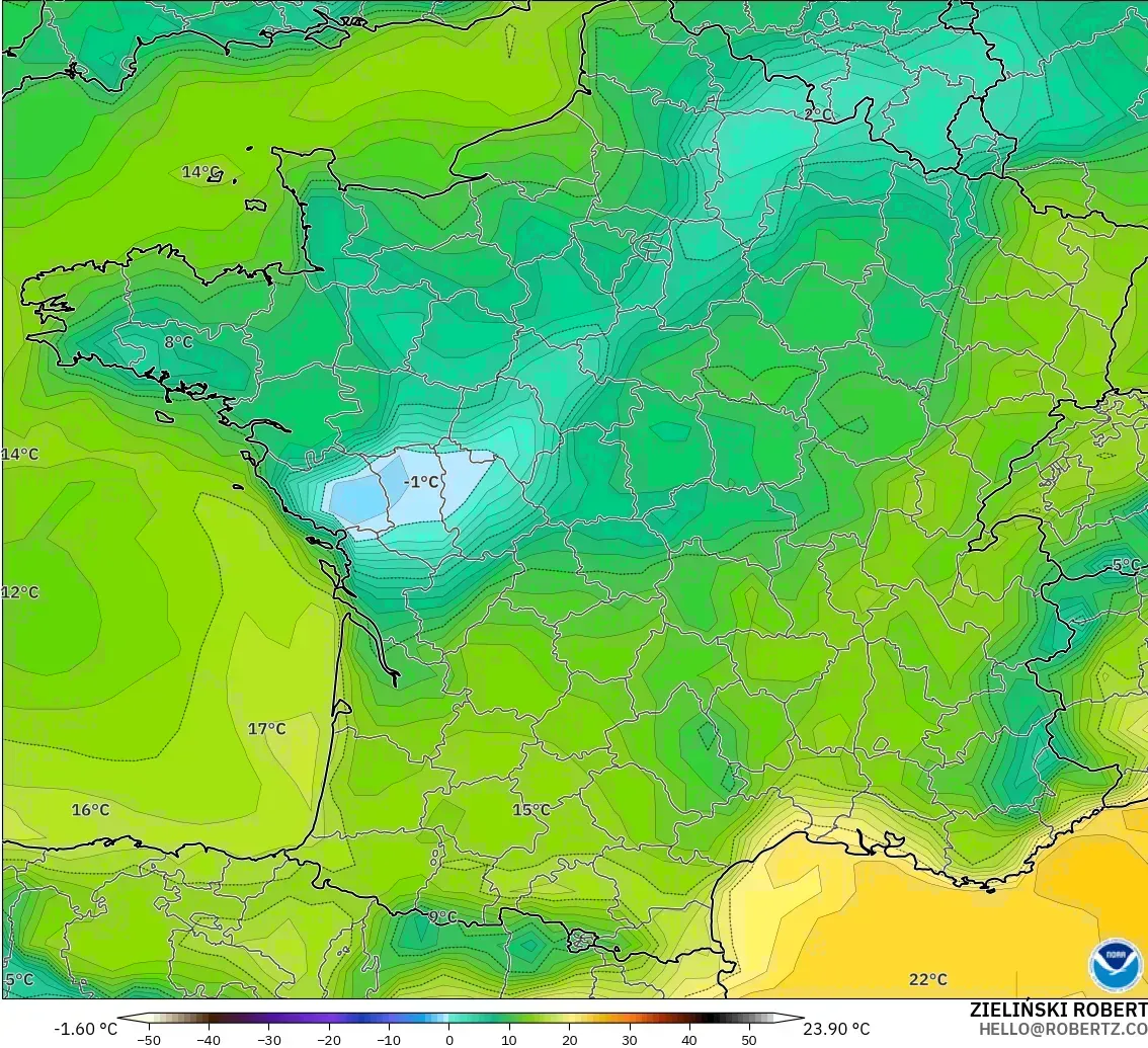 GFS modelo - Francia, Punto de rocío a 2 m