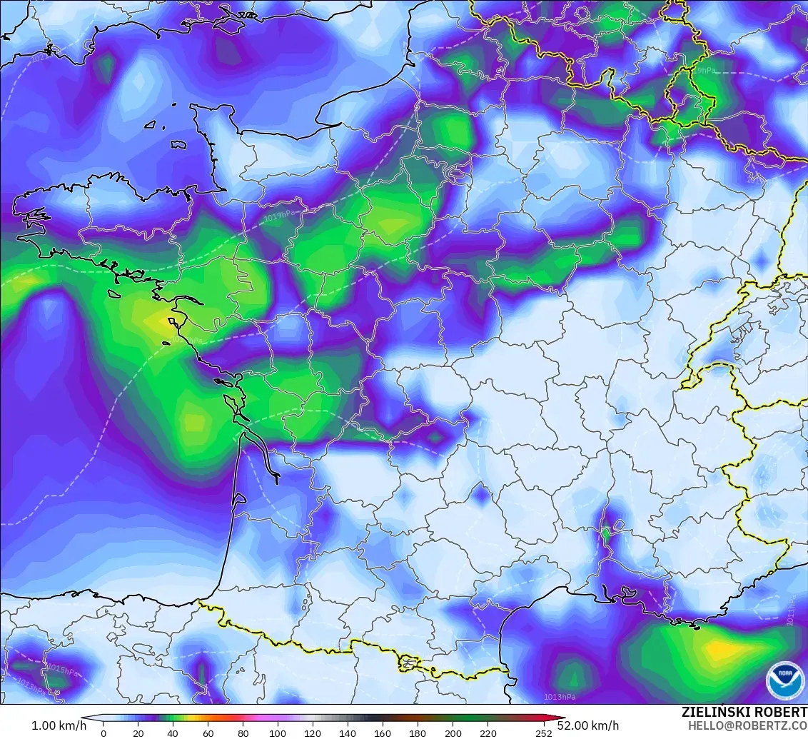 GFS modelo - Francia, Ráfagas de viento