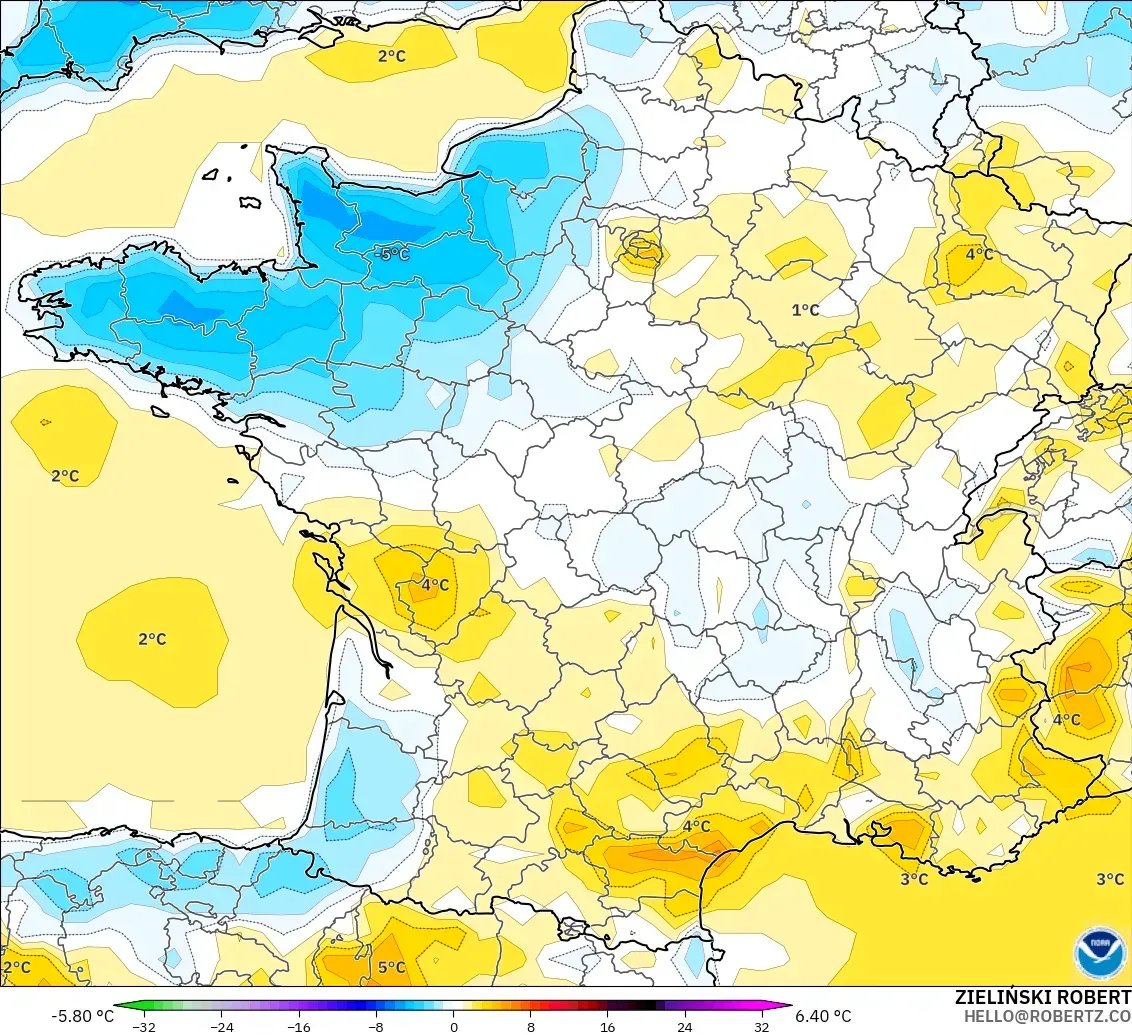 GFS modelo - Francia, Anomalía de temperatura a 2 m