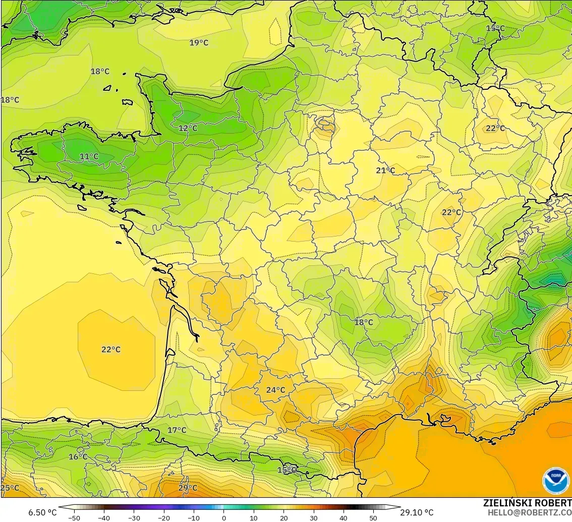GFS modelo - Francia, Temperatura a 2 m