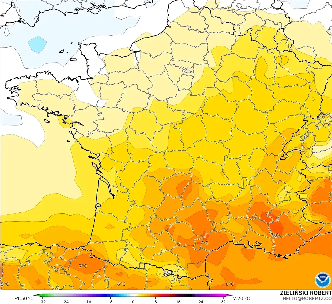 GFS modelo - Francia, Anomalía de temperatura a 850 hPa