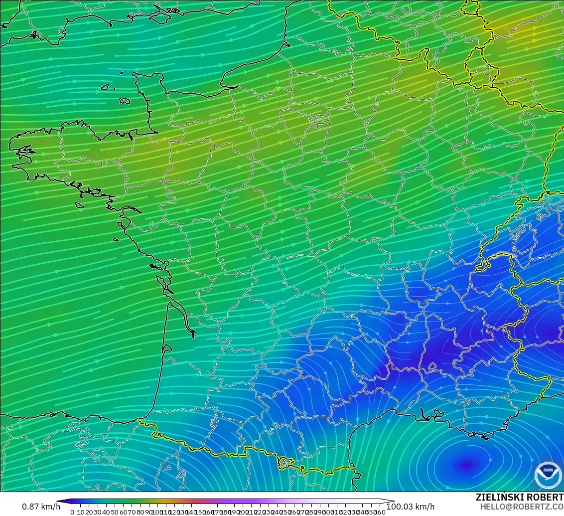 GFS modelo - Francia, Viento a 300 hPa (corriente en chorro)