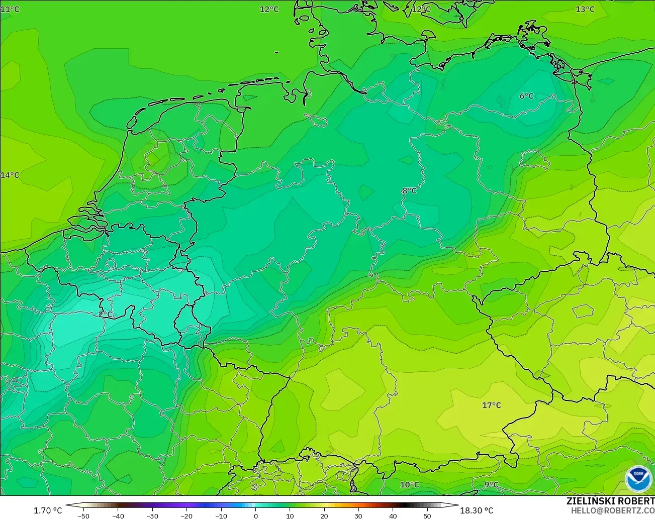GFS modelo - Alemania, Punto de rocío a 2 m