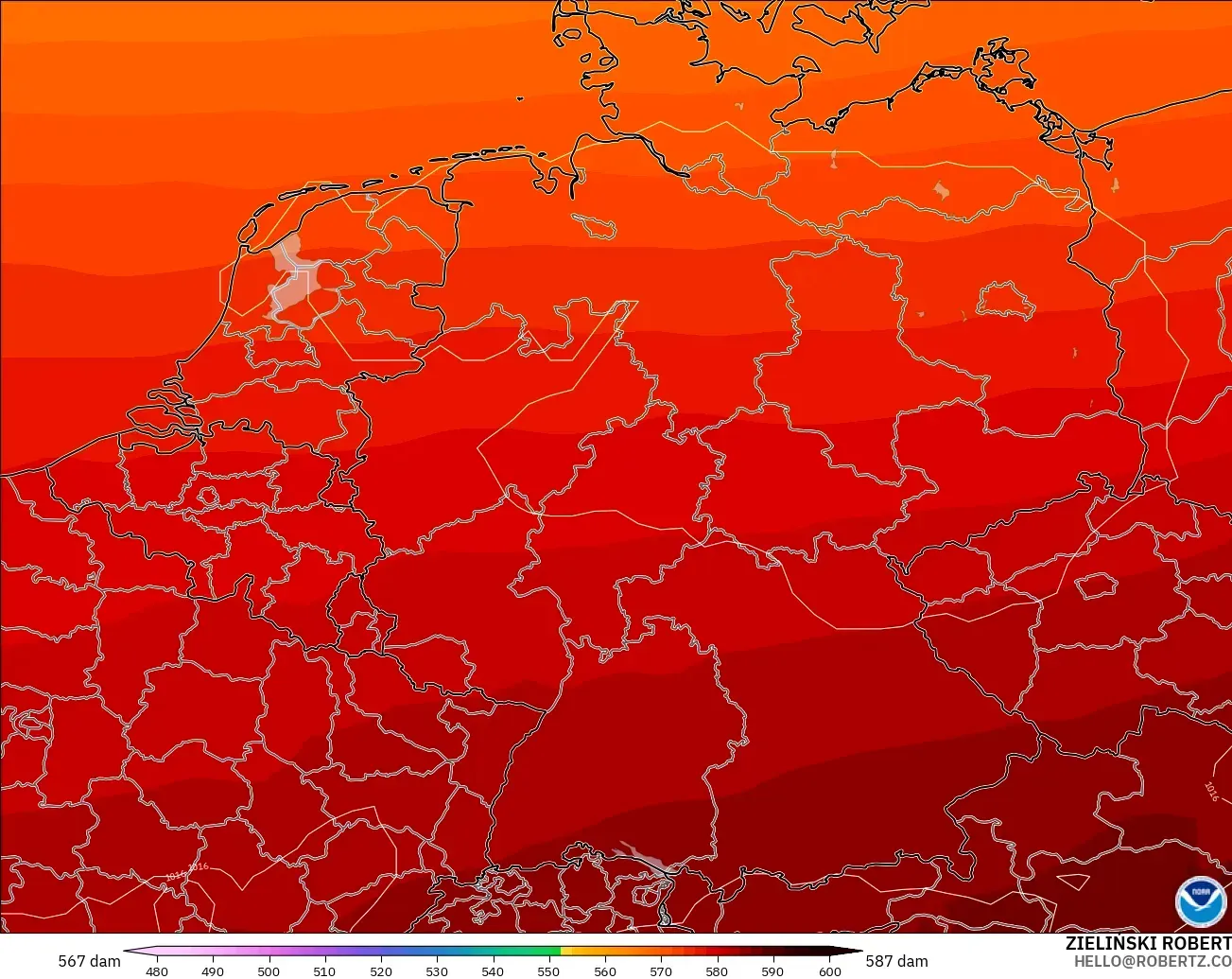 GFS modelo - Alemania, Altura geopotencial a 500 hPa