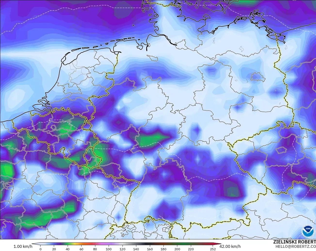 GFS modelo - Alemania, Ráfagas de Viento Máximas