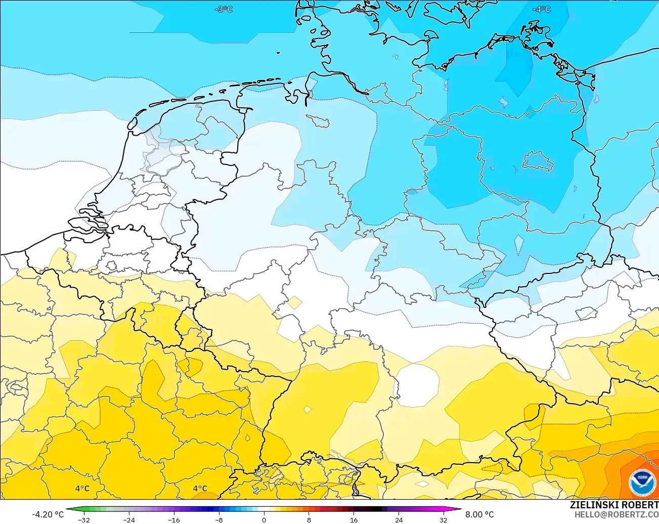GFS modelo - Alemania, Anomalía de temperatura a 850 hPa