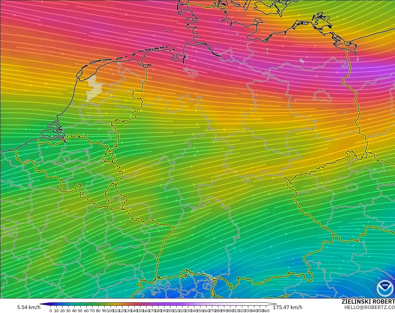 GFS modelo - Alemania, Viento a 300 hPa (corriente en chorro)