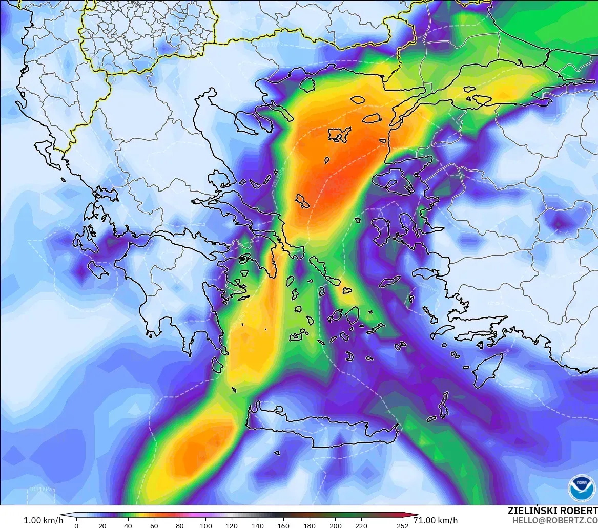 GFS modelo - Grecia, Ráfagas de viento