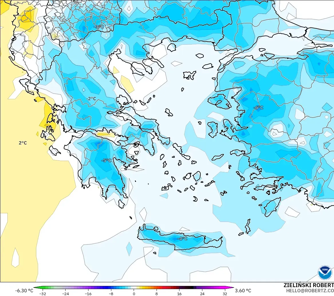 GFS modelo - Grecia, Anomalía de temperatura a 2 m