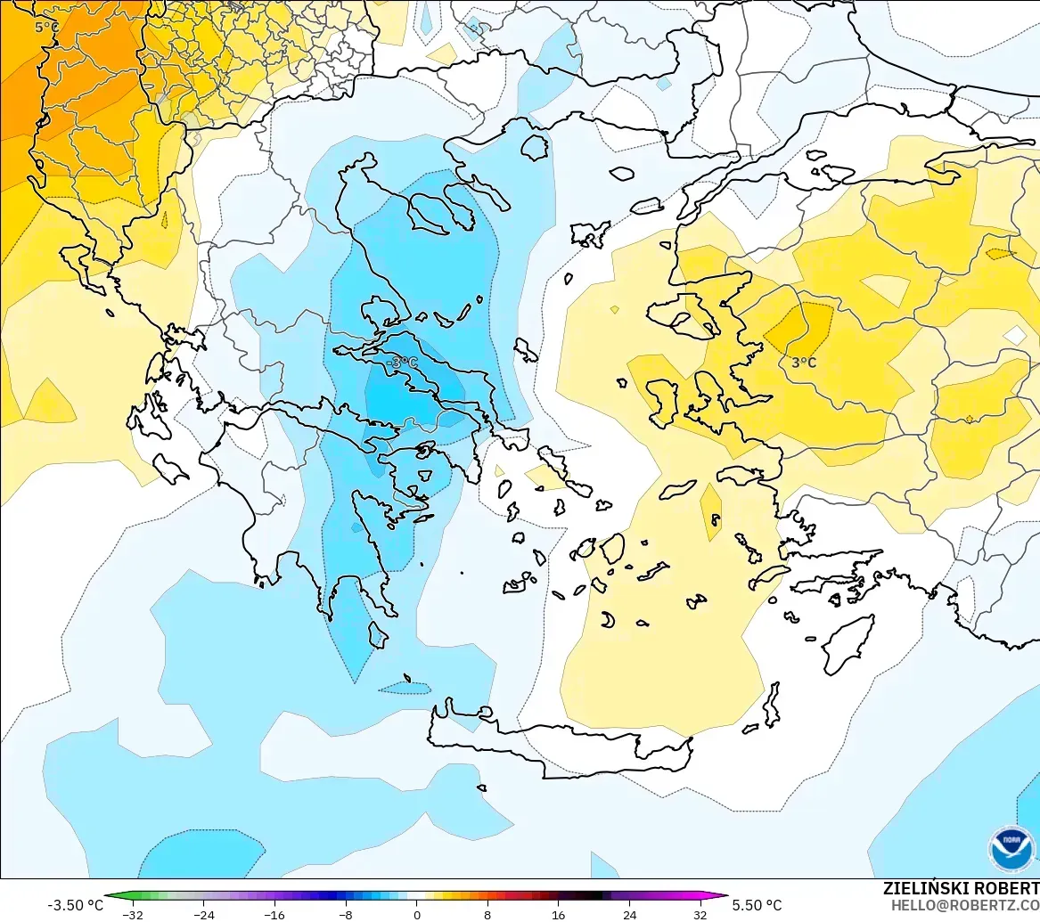 GFS modelo - Grecia, Anomalía de temperatura a 850 hPa