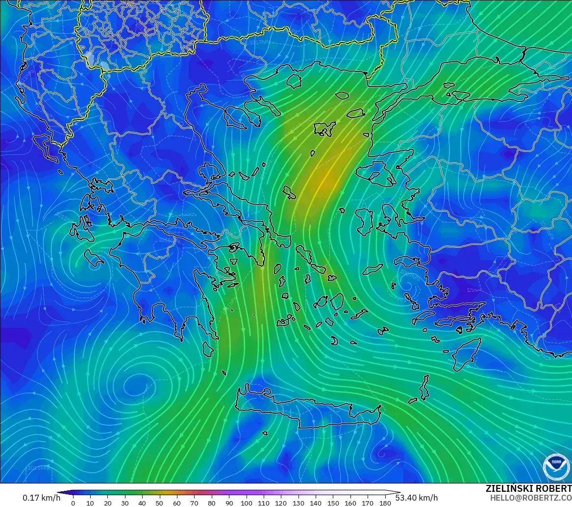 GFS modelo - Grecia, Viento a 10 m