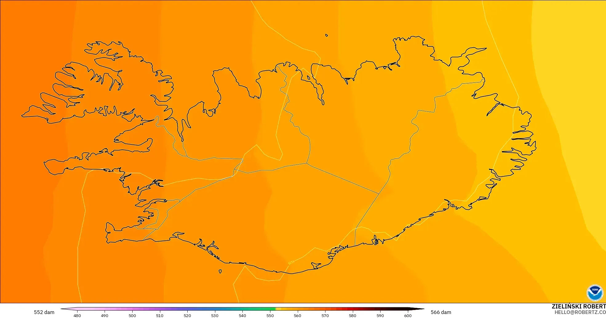GFS modelo - Islandia, Altura geopotencial a 500 hPa