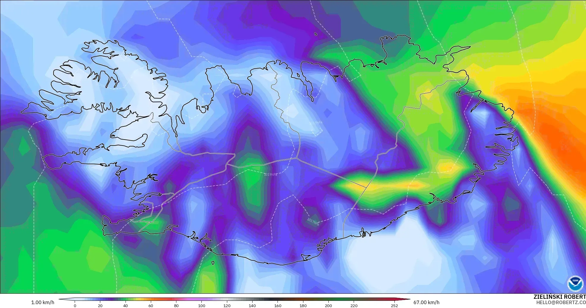 GFS modelo - Islandia, Ráfagas de Viento Máximas