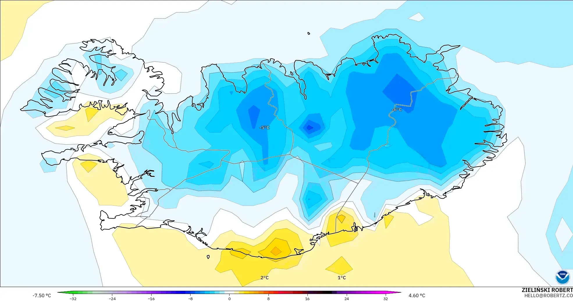GFS modelo - Islandia, Anomalía de temperatura a 2 m