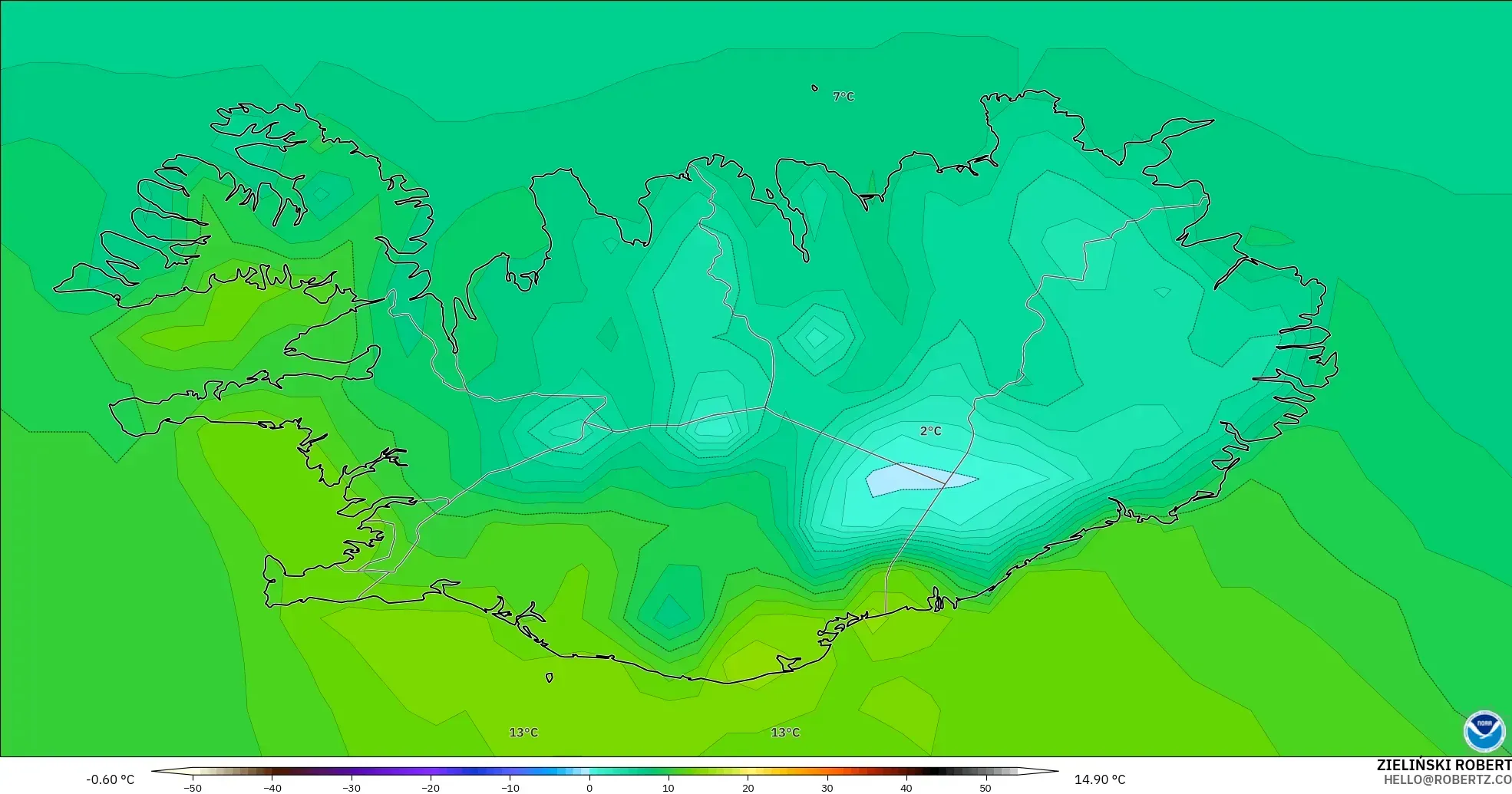 GFS modelo - Islandia, Temperatura a 2 m
