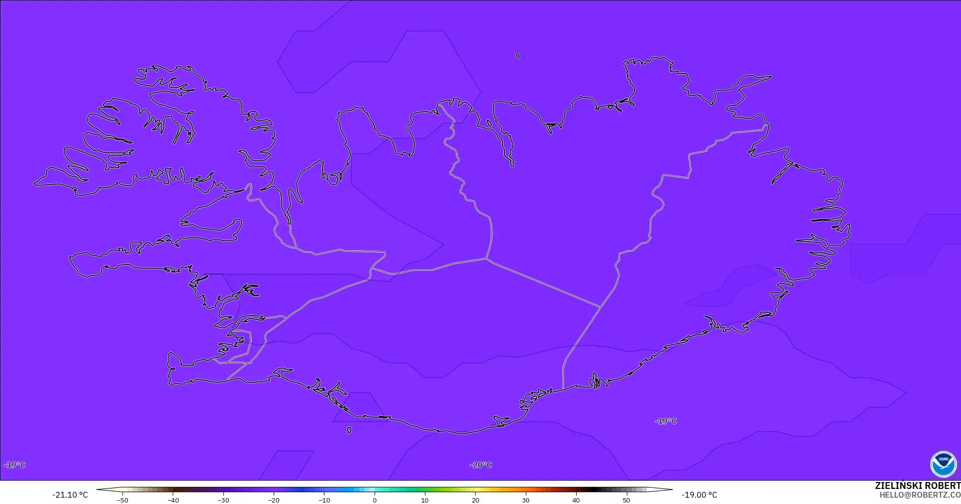 GFS modelo - Islandia, Temperatura a 500 hPa
