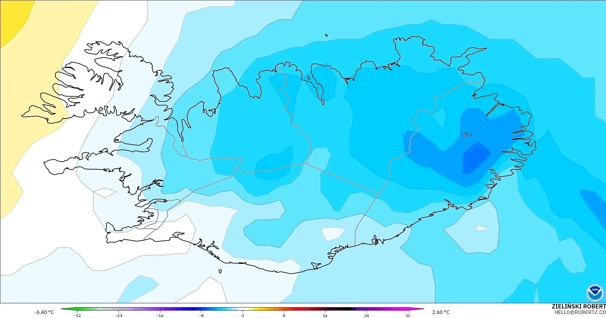 GFS modelo - Islandia, Anomalía de temperatura a 850 hPa