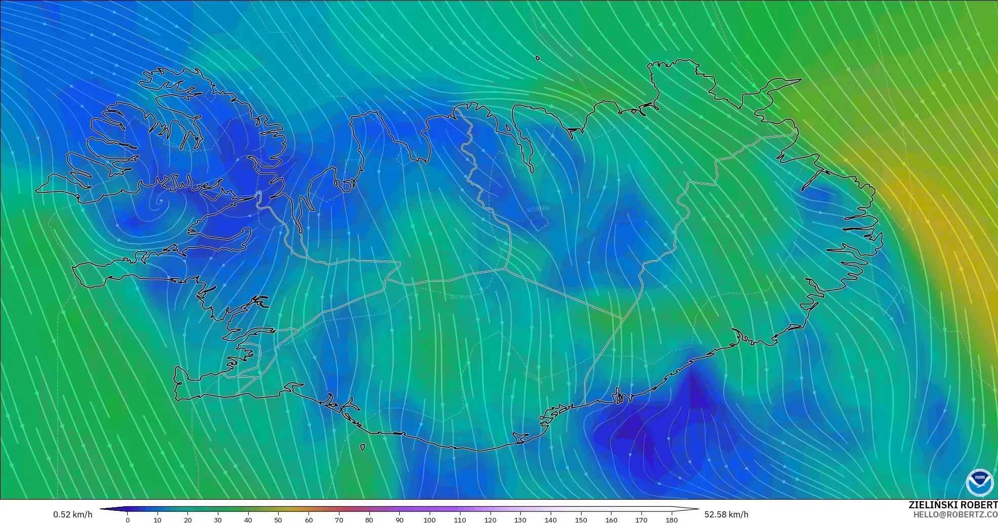 GFS modelo - Islandia, Viento a 10 m