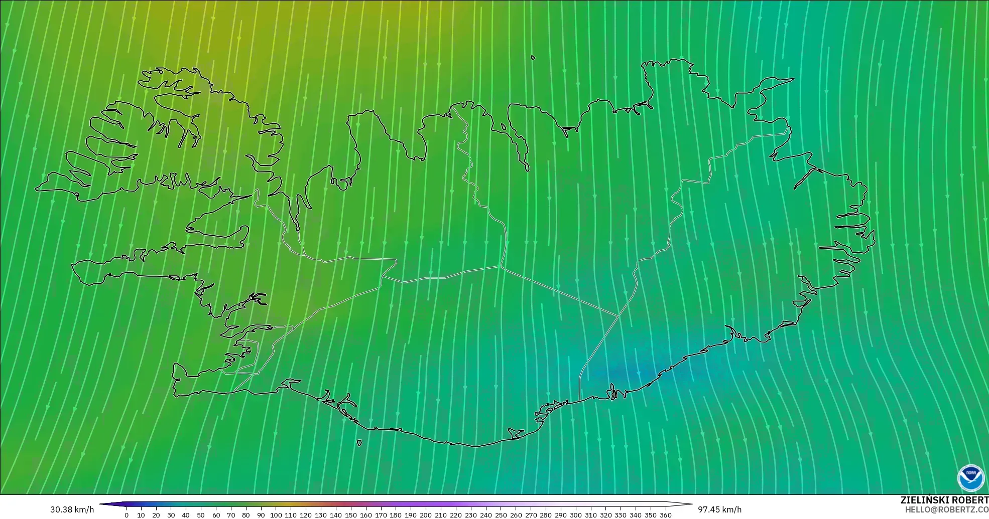 GFS modelo - Islandia, Viento a 300 hPa (corriente en chorro)