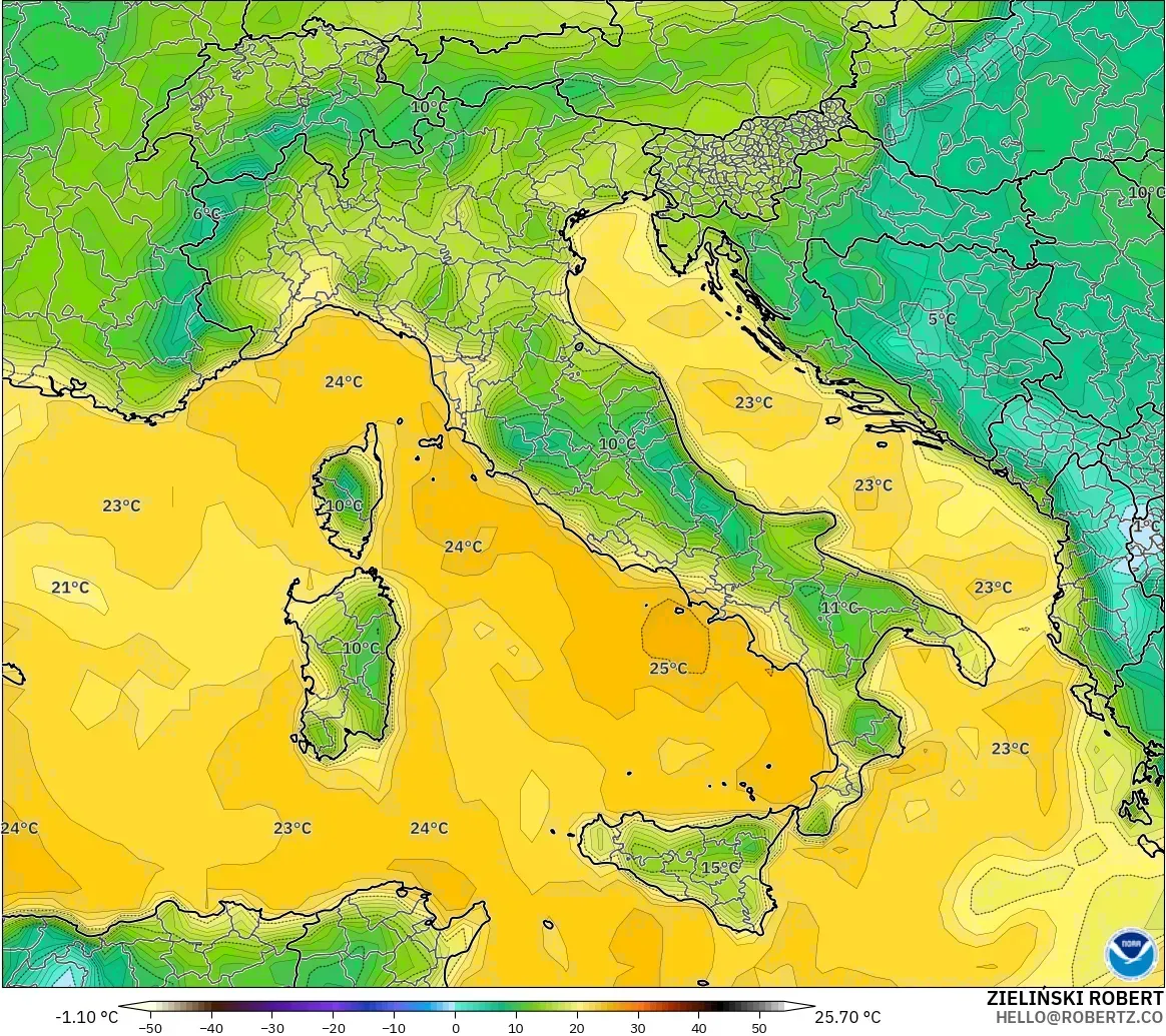 GFS modelo - Italia, Punto de rocío a 2 m