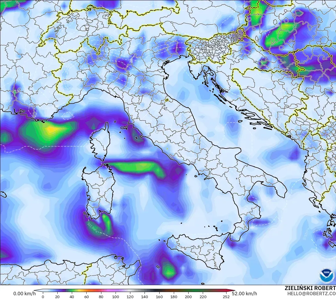 GFS modelo - Italia, Ráfagas de viento