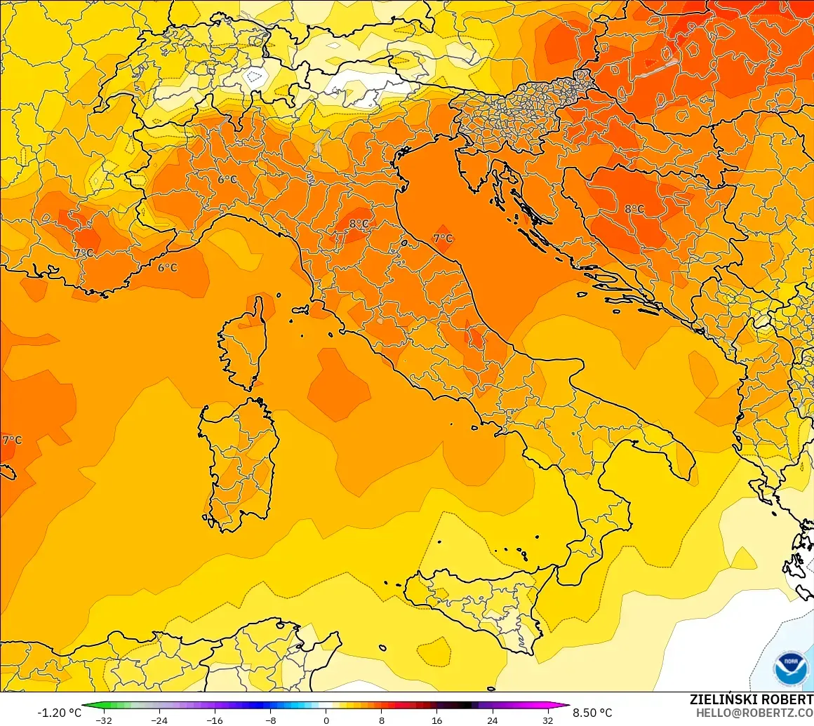 GFS modelo - Italia, Anomalía de temperatura a 850 hPa