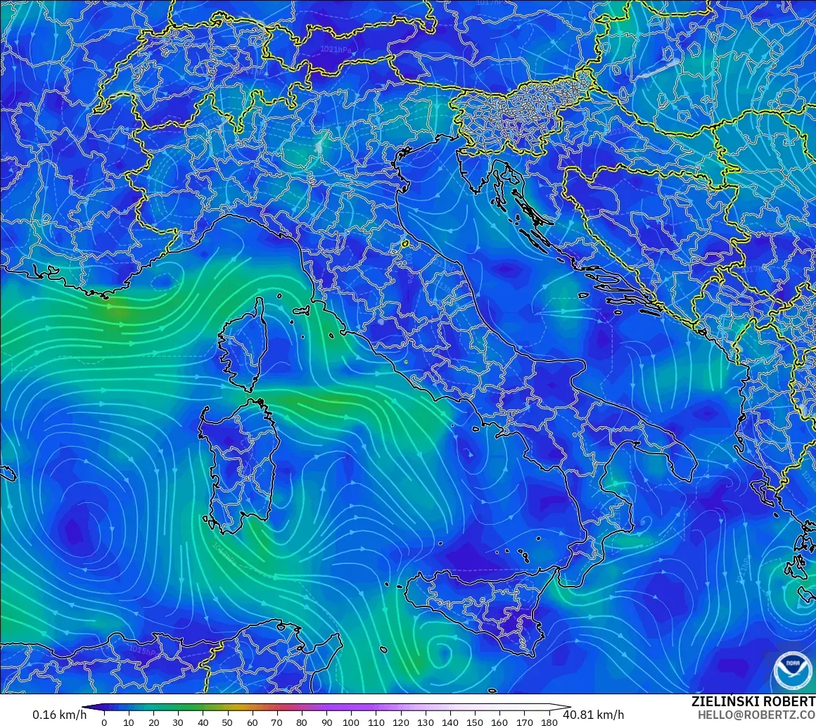 GFS modelo - Italia, Viento a 10 m
