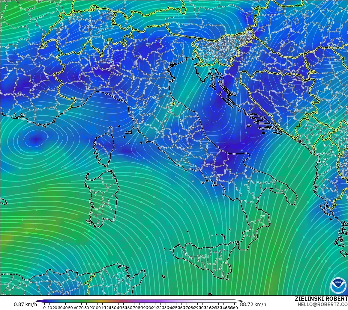 GFS modelo - Italia, Viento a 300 hPa (corriente en chorro)