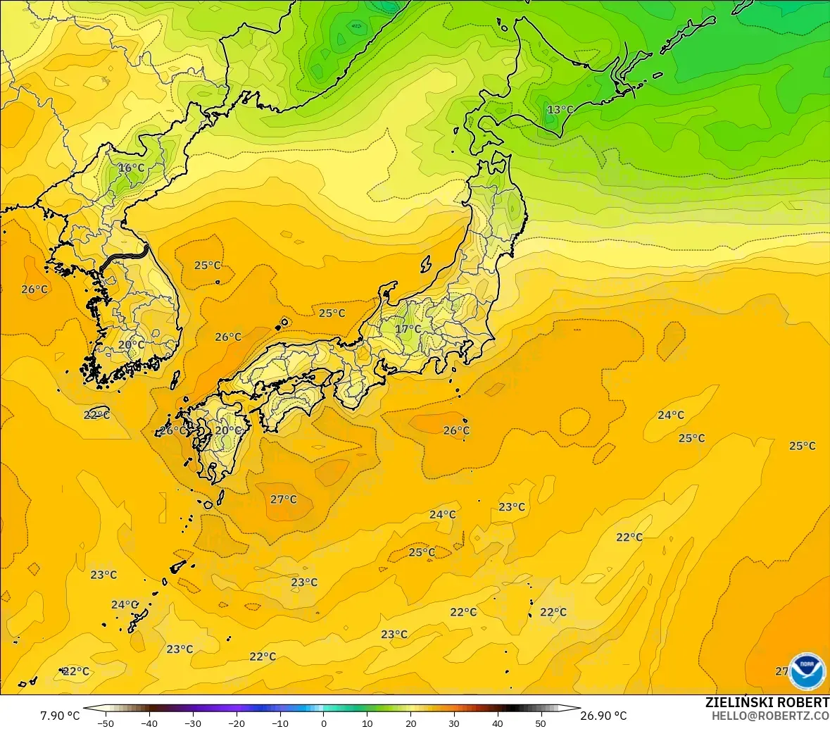 GFS modelo - Japón, Punto de rocío a 2 m