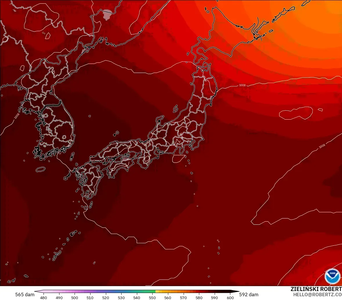 GFS modelo - Japón, Altura geopotencial a 500 hPa