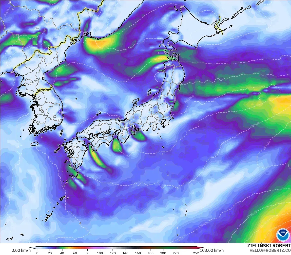 GFS modelo - Japón, Ráfagas de viento
