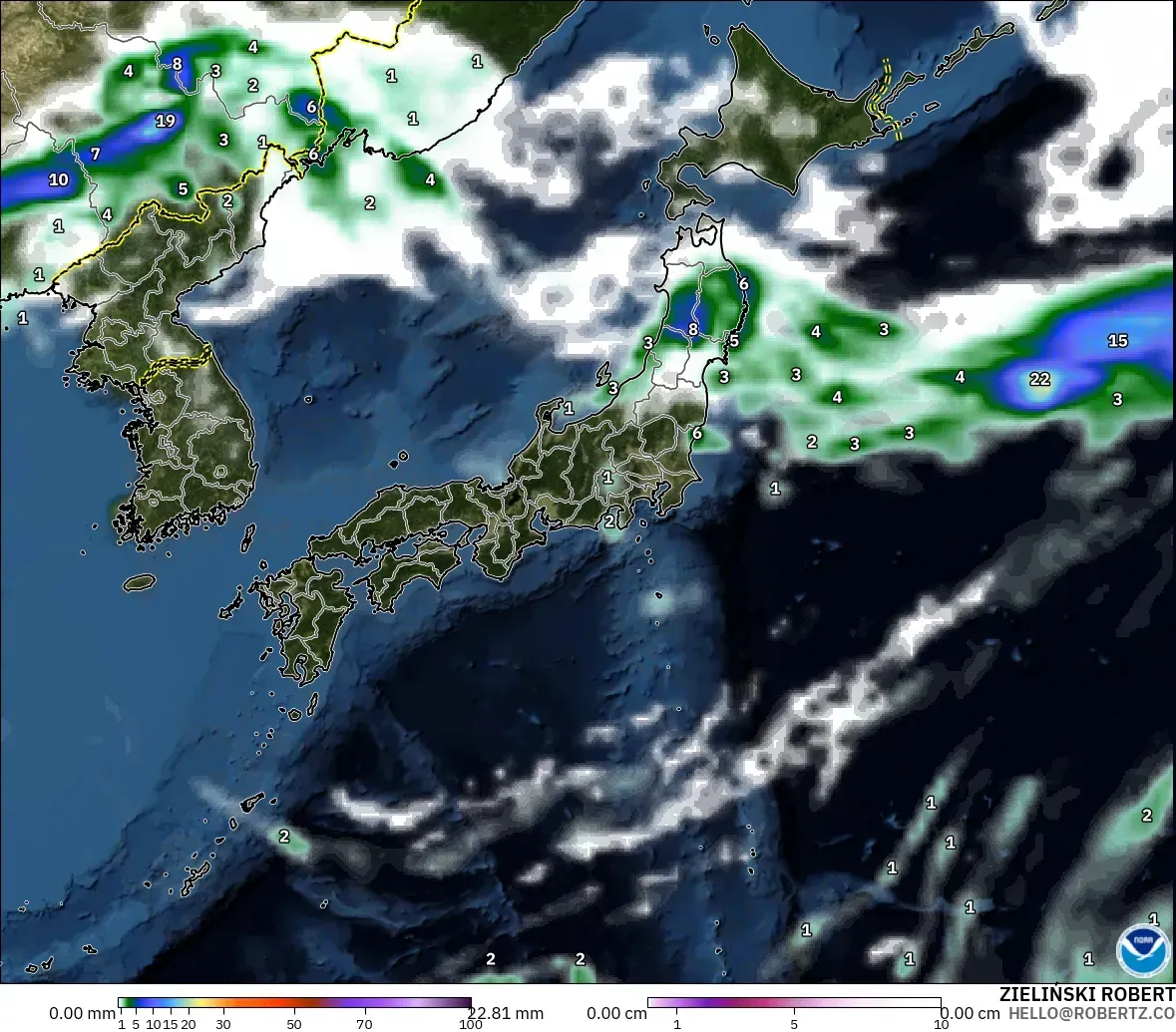 GFS modelo - Japón, Precipitación, nubes y presión