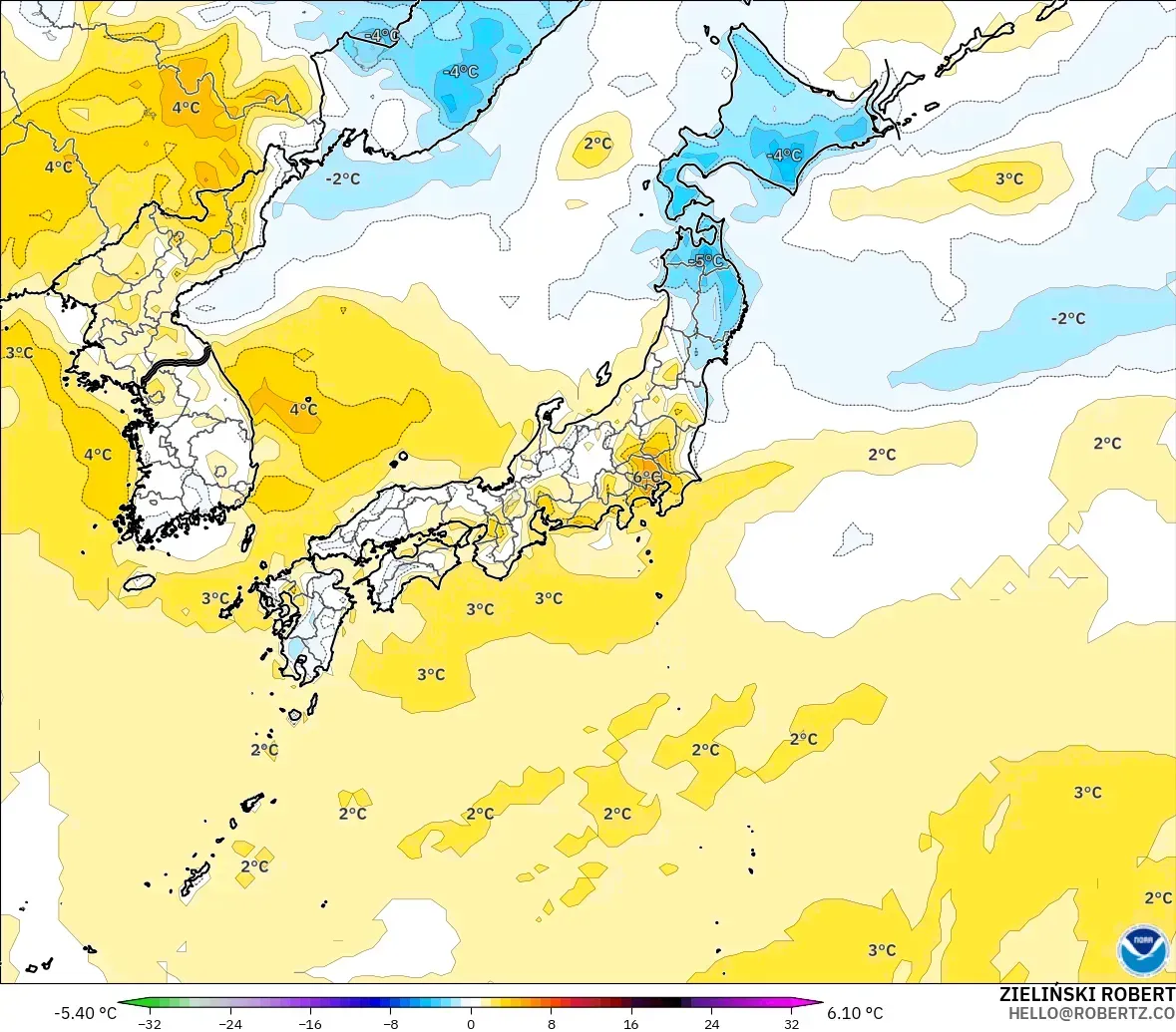 GFS modelo - Japón, Anomalía de temperatura a 2 m