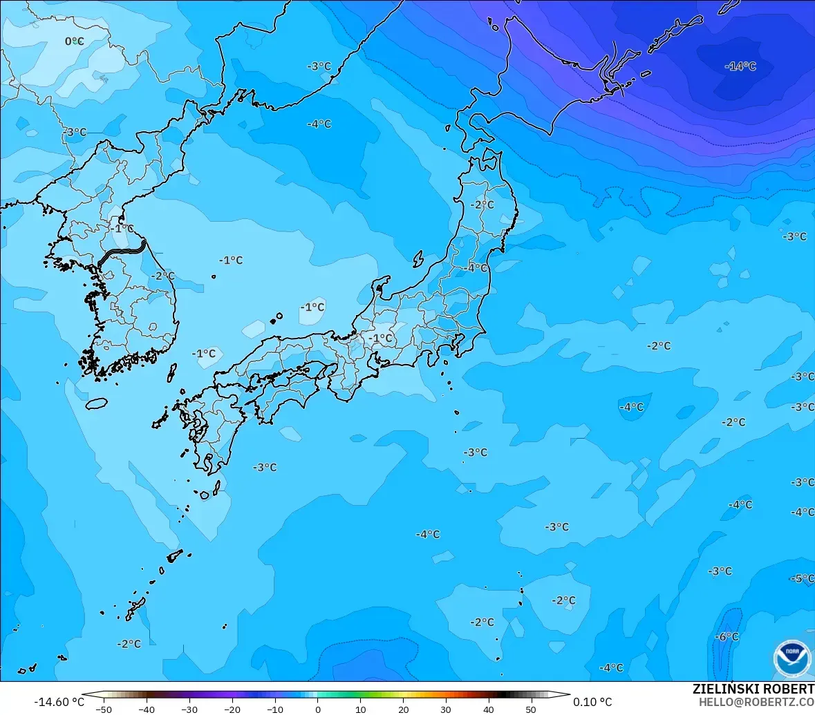 GFS modelo - Japón, Temperatura a 500 hPa
