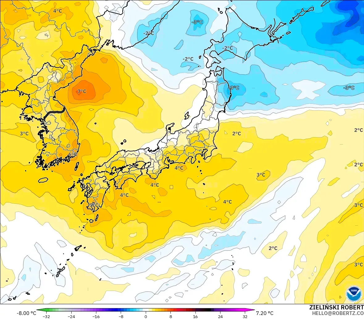 GFS modelo - Japón, Anomalía de temperatura a 850 hPa