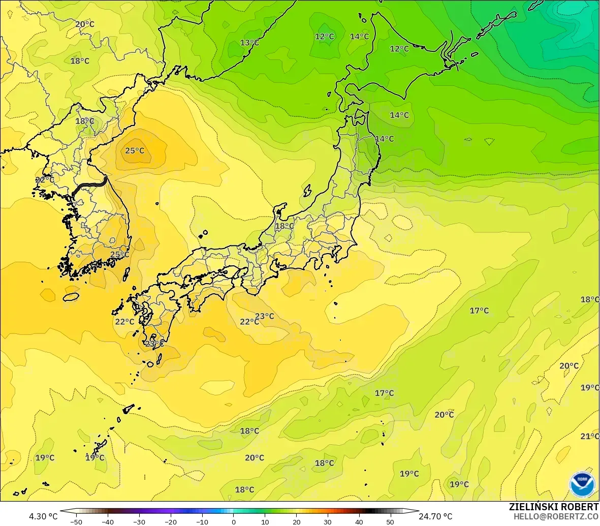 GFS modelo - Japón, Temperatura a 850 hPa