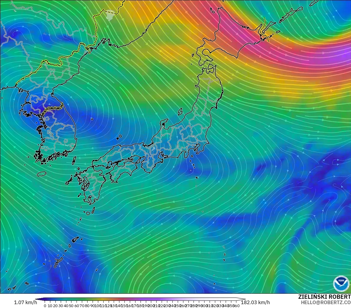 GFS modelo - Japón, Viento a 300 hPa (corriente en chorro)