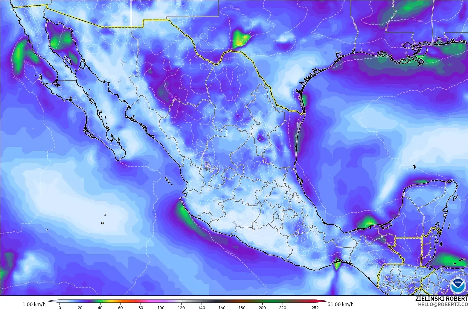 GFS modelo - México, Ráfagas de viento